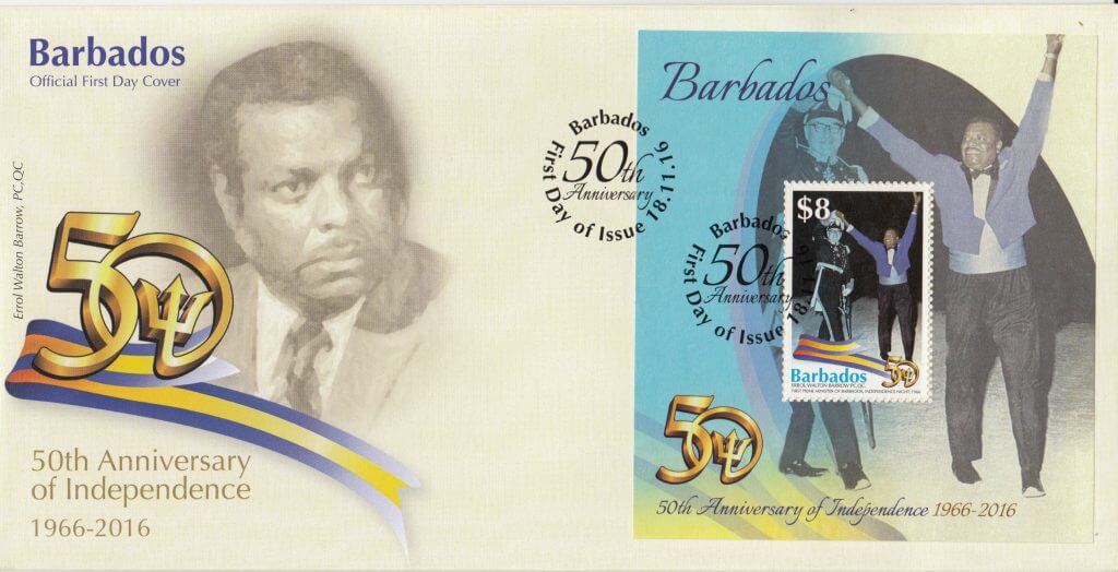 Barbados Stamps 50th Anniversary of Independence $8.00 mini sheet First Day Cover – Errol Walton Barrow celebrating Independence in 1966