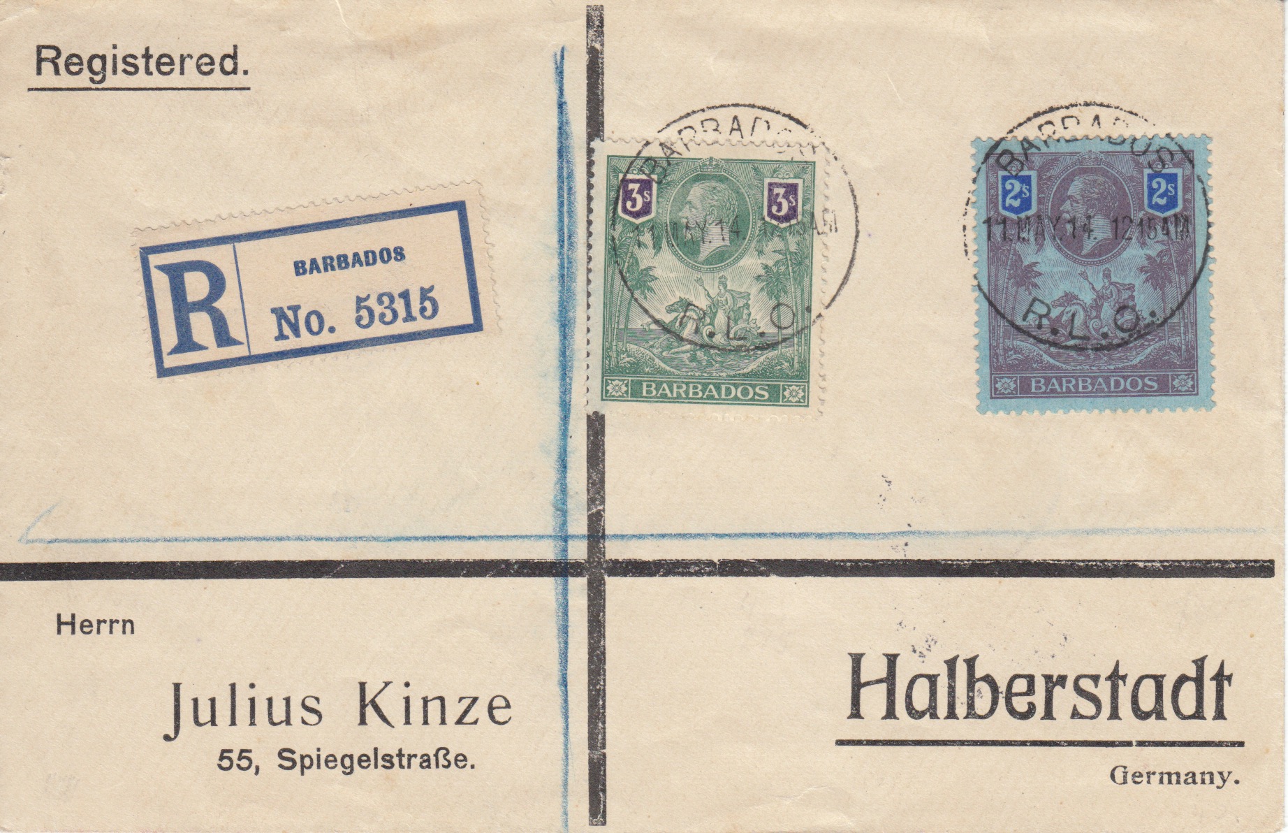 Barbados George V Definitive issue high values on cover