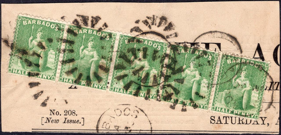 Barbados SG67 strip of 5 on newspaper mast - largest known multiple