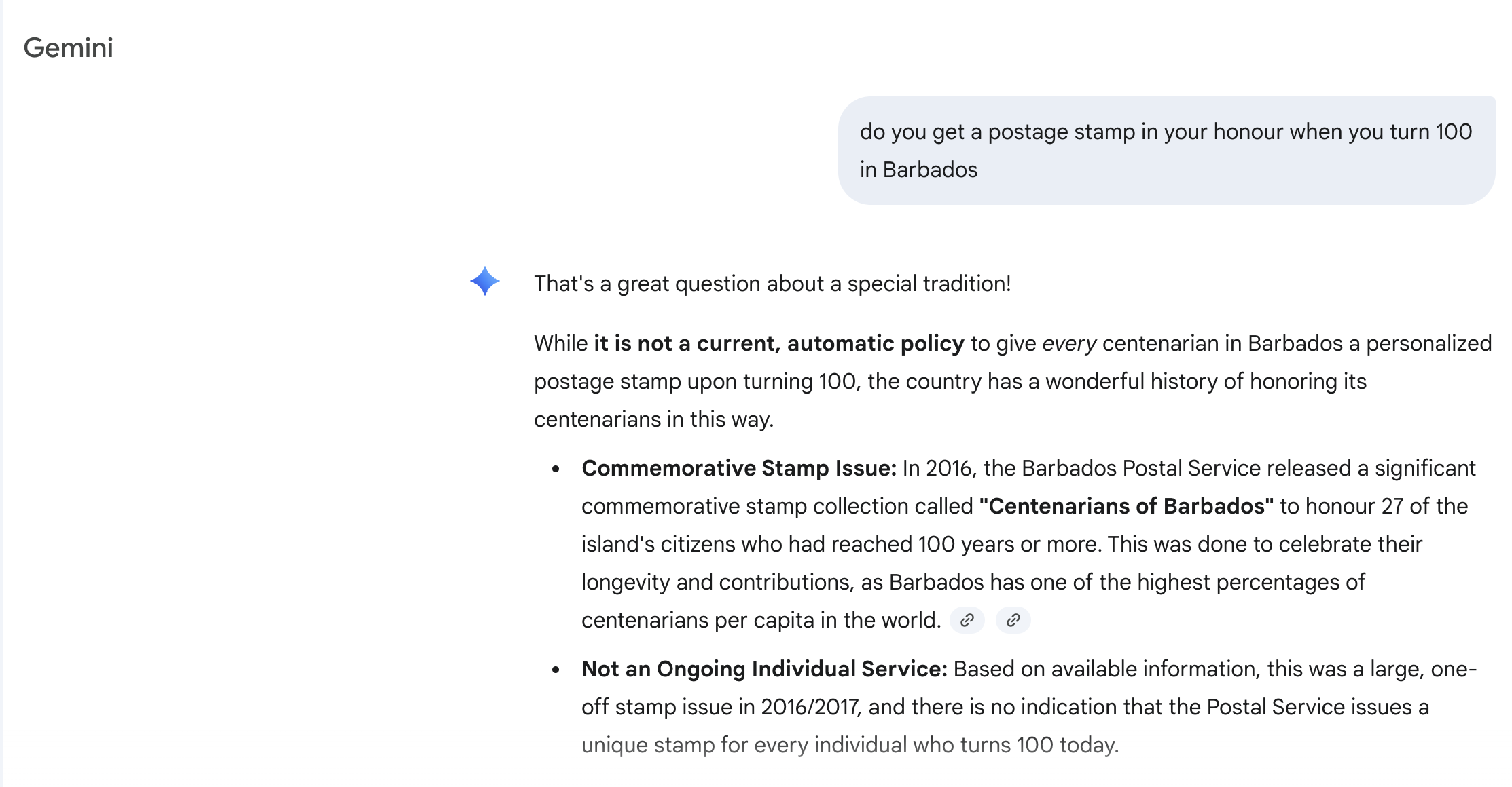 Google Gemini result for 'do you get a postage stamp in your honour when you turn 100 in Barbados'