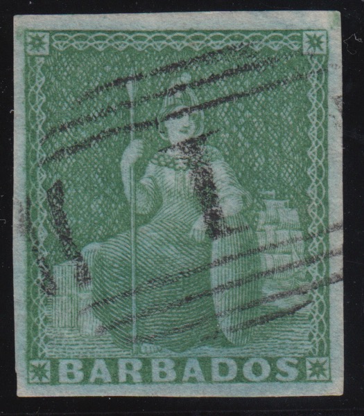 Barbados SG1 with numeral 1 obliterator cancel.
