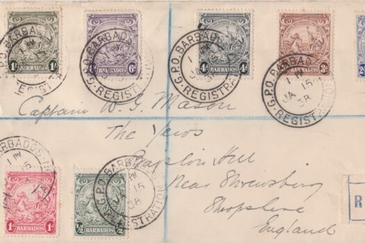 George VI Barbados definitives on a Registered Cover (not FDC) 15/01/38