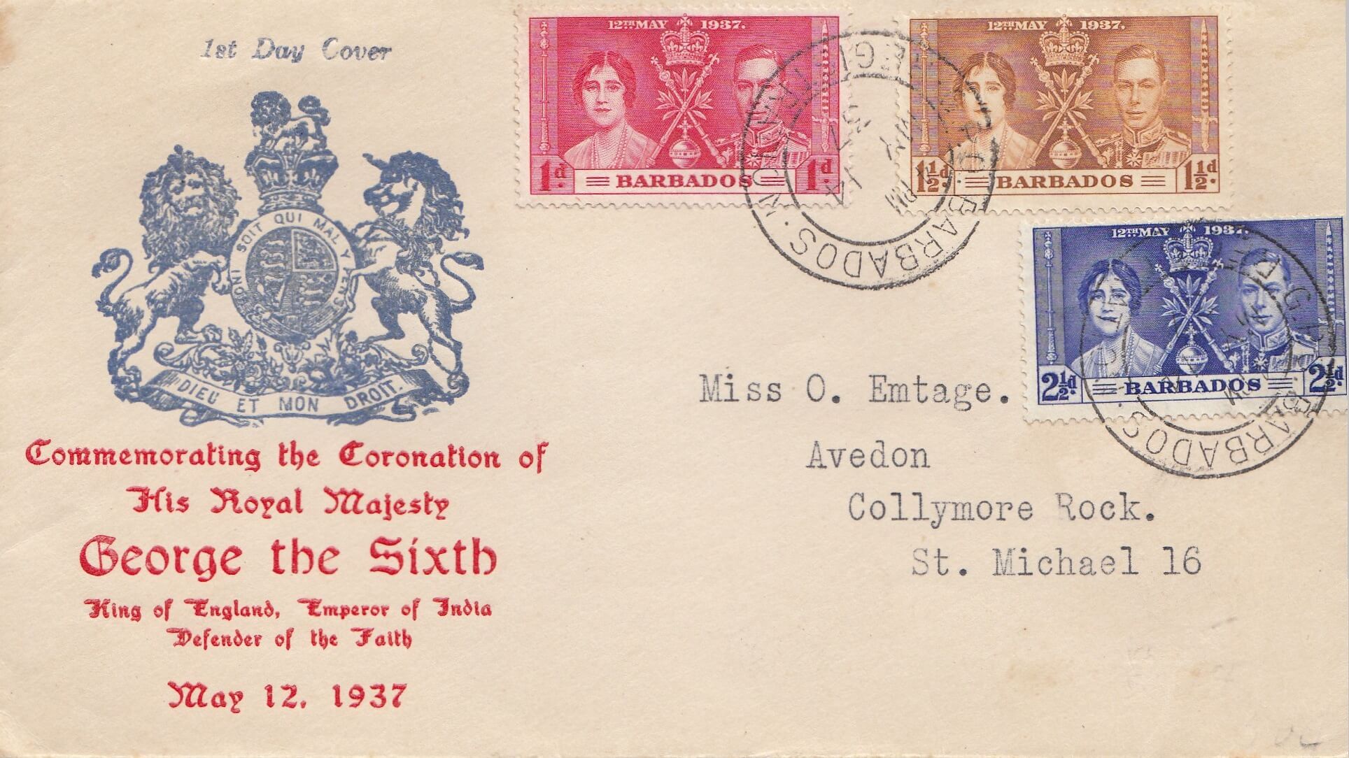 Barbados Coronation FDC 14th may 1937