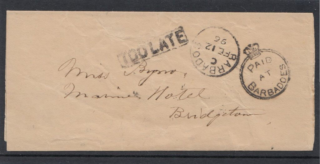 Rare Barbados Crowned Circle cancel from 1896 with additional 'Too Late' cancel on newspaper wrapper