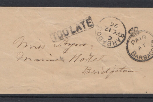 Rare Barbados Crowned Circle cancel from 1896 with additional 'Too Late' cancel on newspaper wrapper