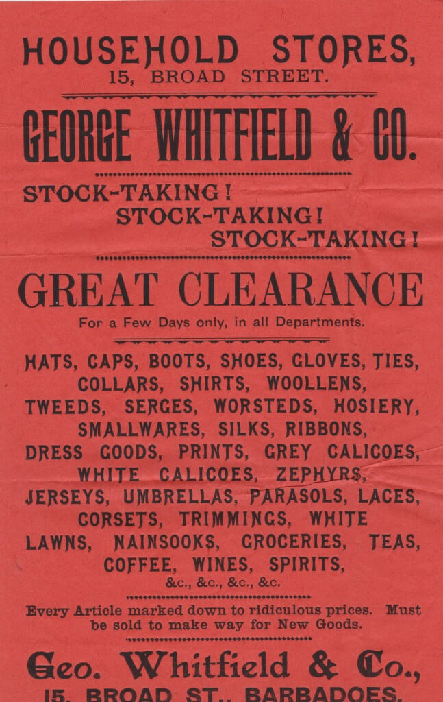 Barbados Stock Take sale flyer from 1893