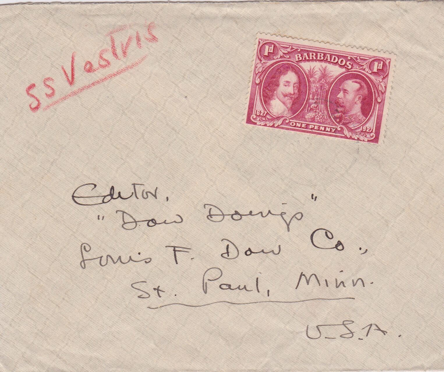 Barbados 1927 Cover to St Paul, Minnesota, USA