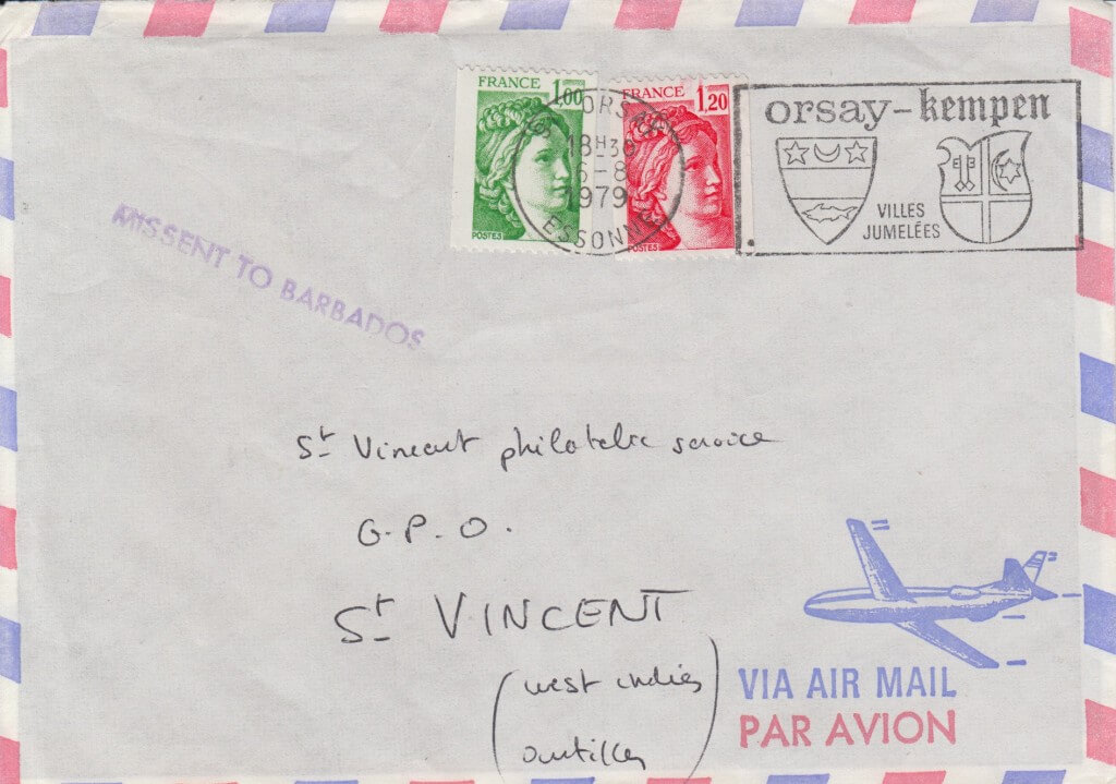 Missent To Barbados cancel on French Cover to St Vincent 1979
