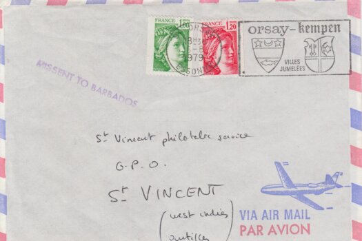 Missent To Barbados cancel on French Cover to St Vincent 1979