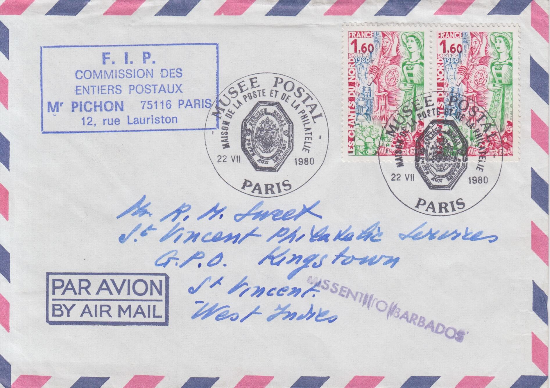 Missent To Barbados cancel on French Cover to St Vincent