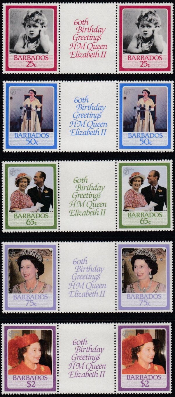 Barbados SG 810-814 | 60th Birthday of QEII Gutter Pairs