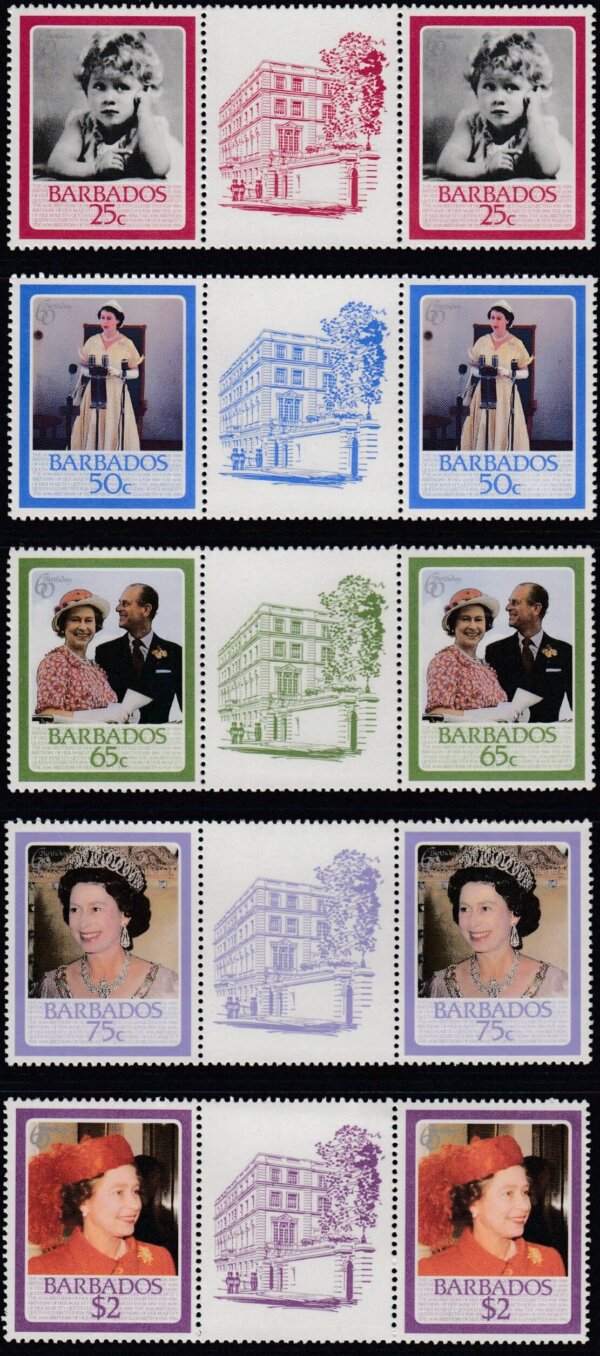 Barbados SG 810-814 | 60th Birthday of QEII Gutter Pairs