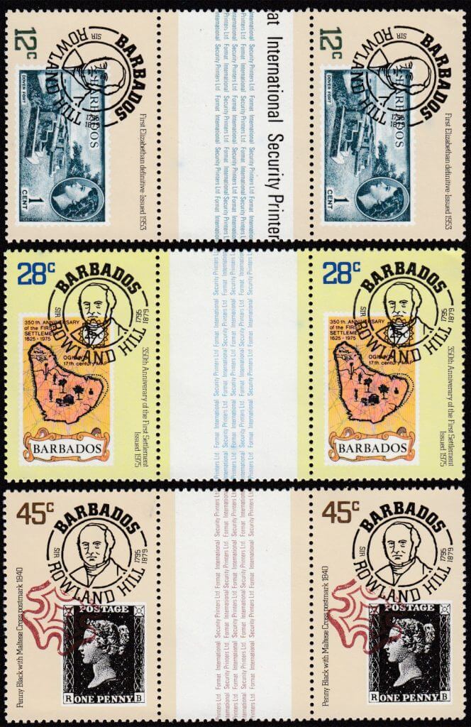 Barbados SG617-619 | Death Centenary of Sir Rowland Hill Gutter Pairs