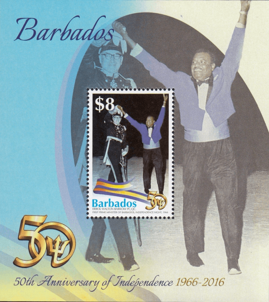 Barbados Stamps 50th Anniversary of Independence $8.00 mini sheet – Errol Walton Barrow celebrating Independence in 1966