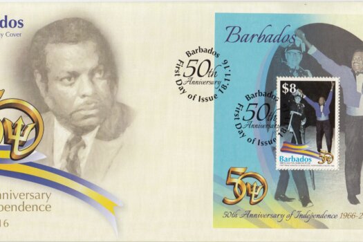 Barbados Stamps 50th Anniversary of Independence $8.00 mini sheet First Day Cover – Errol Walton Barrow celebrating Independence in 1966