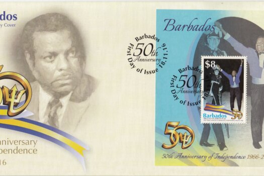 Barbados Stamps 50th Anniversary of Independence $8.00 mini sheet First Day Cover – Errol Walton Barrow celebrating Independence in 1966