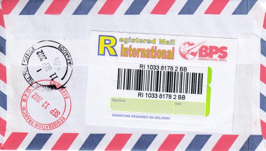 Barbados Registered Cover 2012