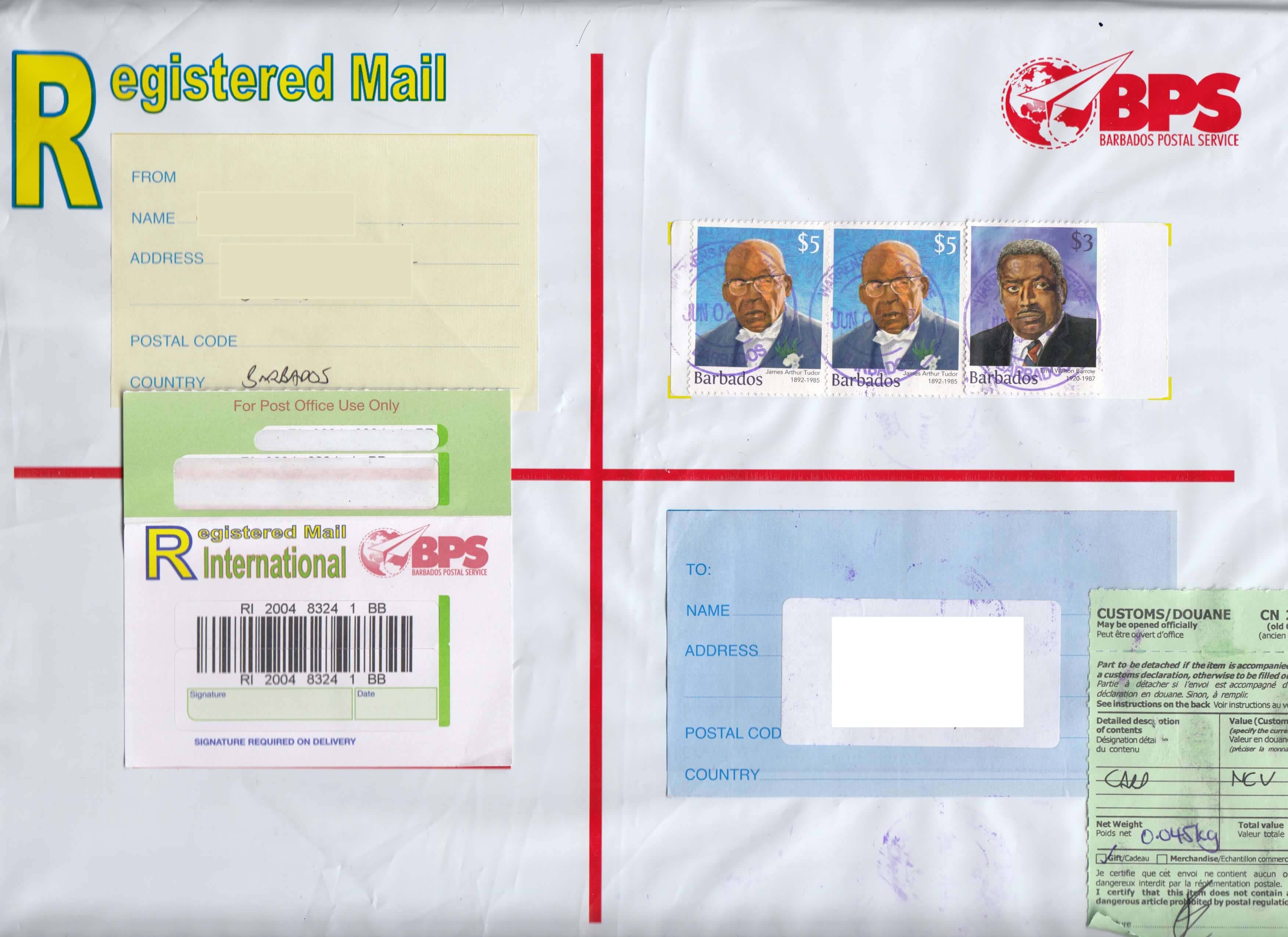 Registered Letter with Warrens, St Michael, Barbados counter cancel