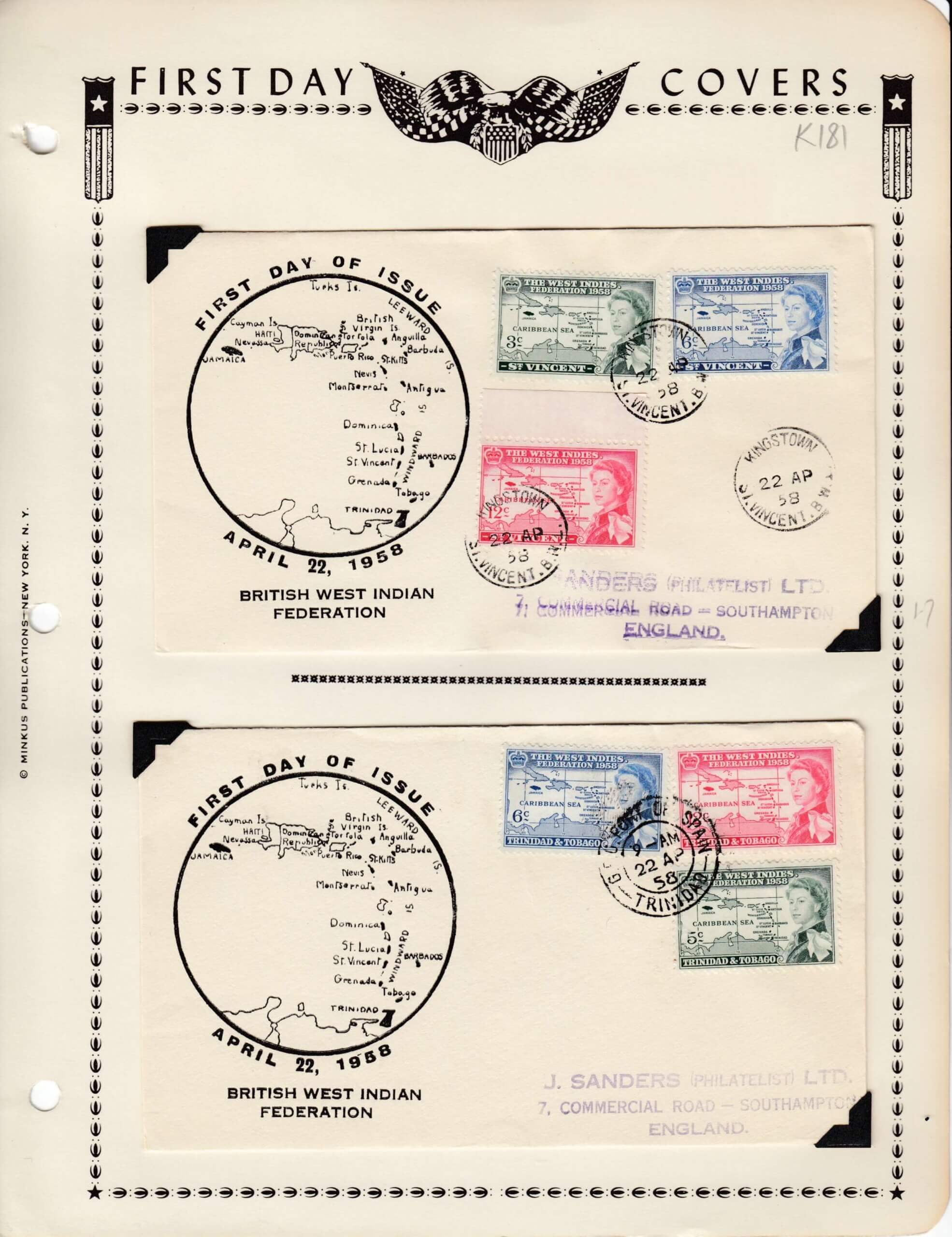 British West Indies 1958 FDC - St Vincent and Trinidad & Tobago