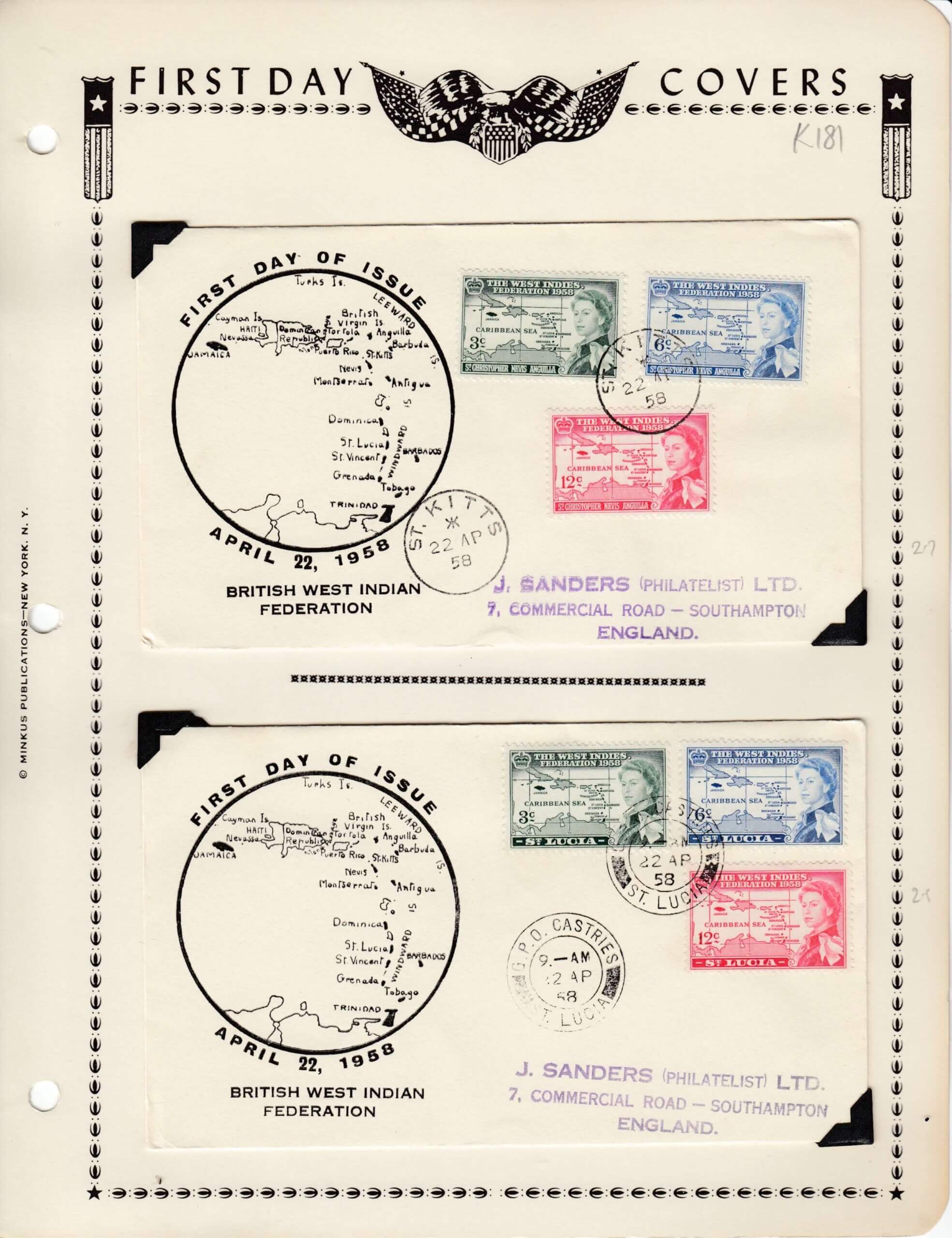 British West Indies 1958 FDC - St Christopher, Nevis and Anguilla and St Lucia