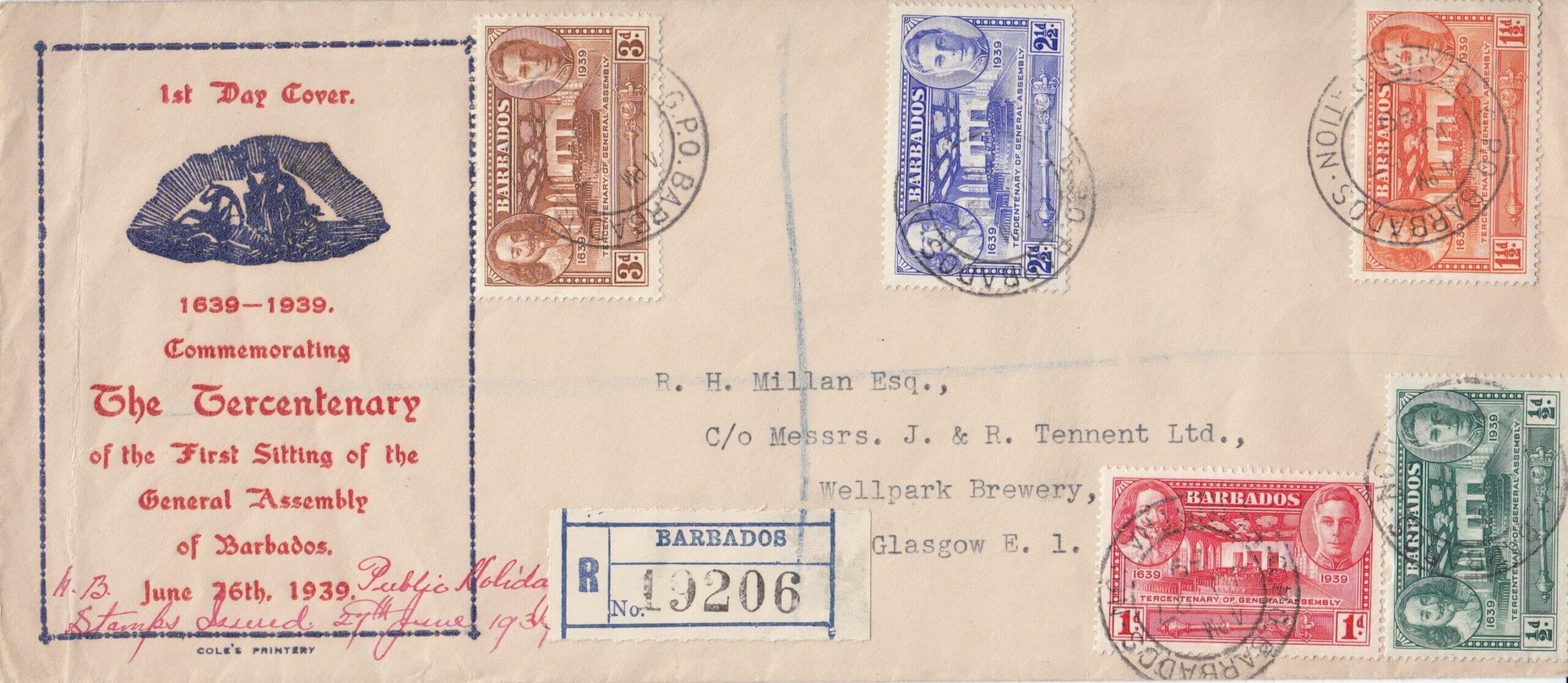 Barbados Tercentenary of General Assembly First Day Cover 1939