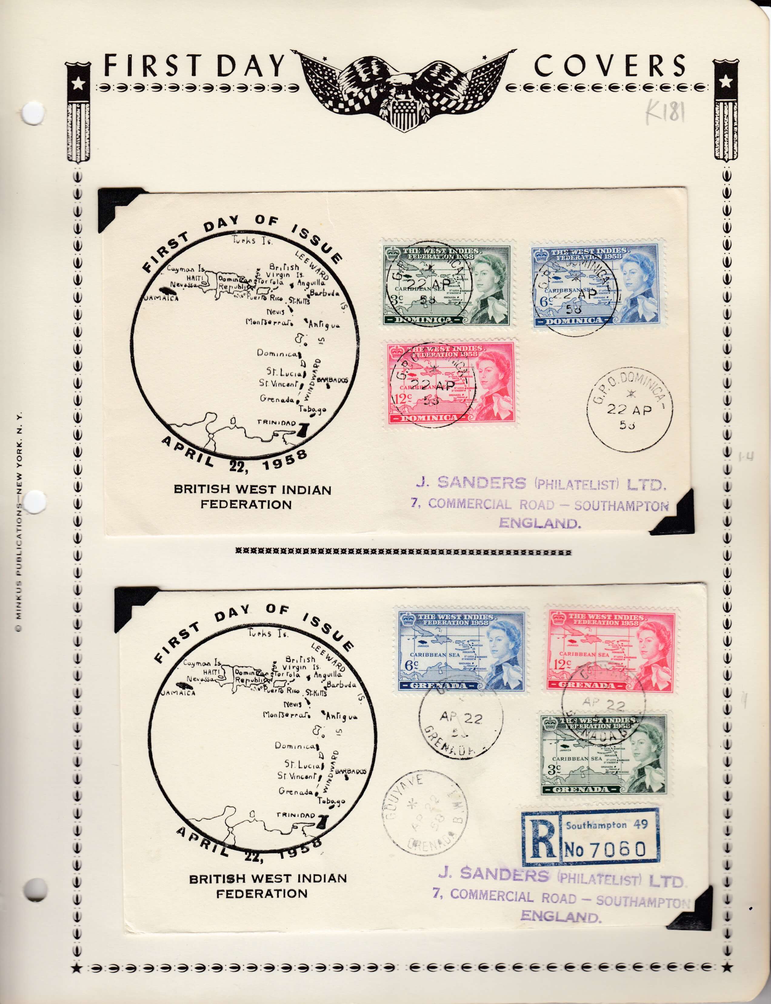 British West Indies 1958 FDC - Dominica and Grenada