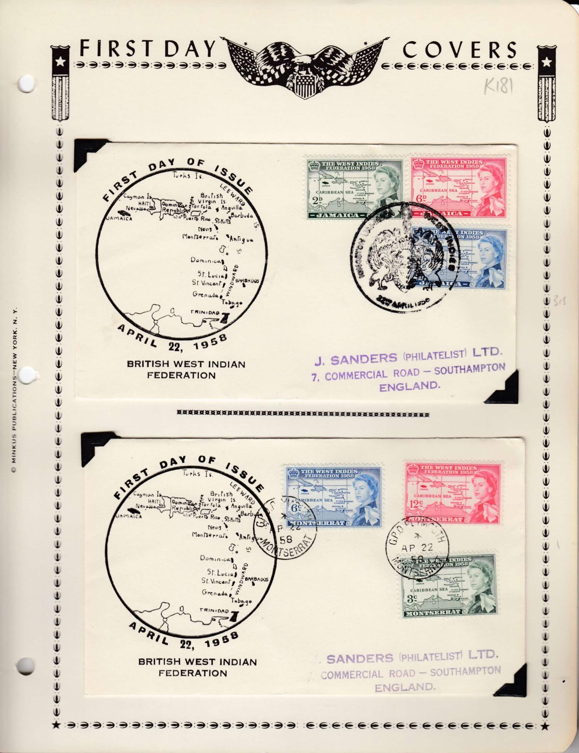 British West Indies 1958 FDC - Jamaica and Montserrat