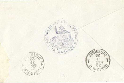 Barbados cover to Paris 1923 reverse