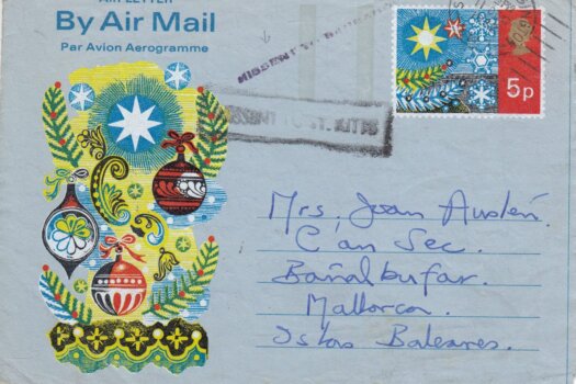 1972 Airmail from UK to Mallorca with "Missent to Barbados" and "Missent to St Kitts" instructional markings