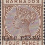 Barbados SG104a ½d on 4d No Hyphen