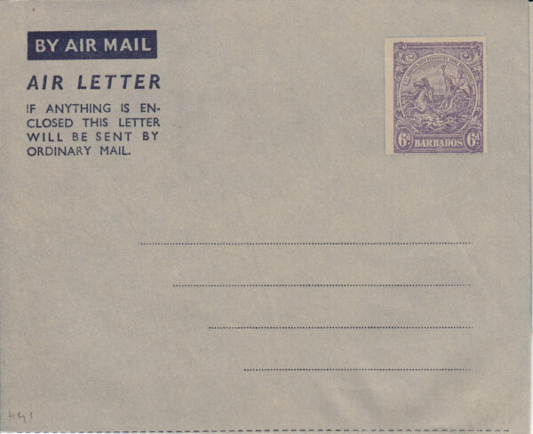 Barbados Air Mail Air Letter 1949 HGFG1 6d Violet on Grey