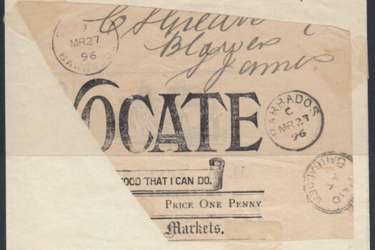 Barbados newspaper fragment from 1896 with crowned circle cancel