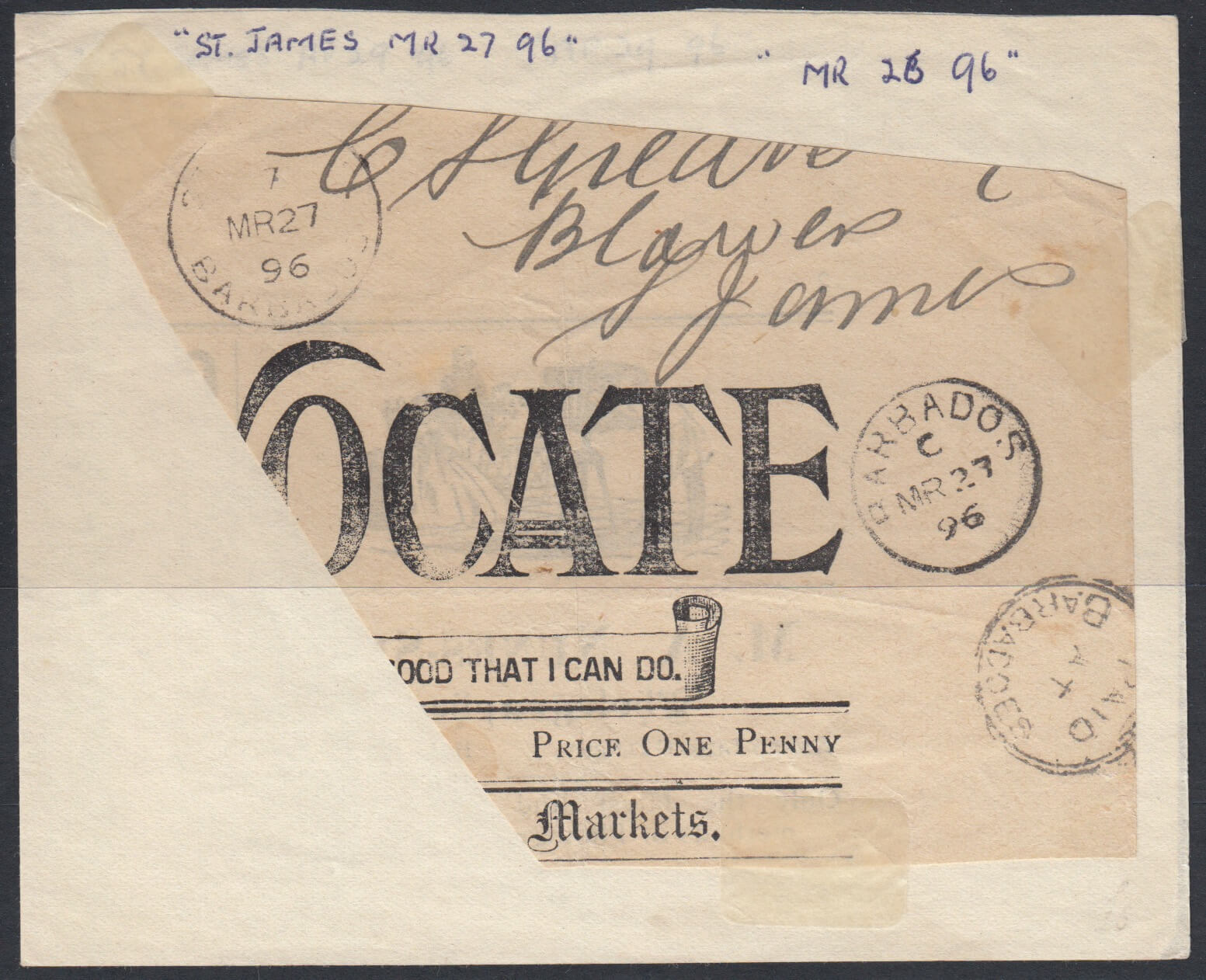 Barbados newspaper fragment from 1896 with crowned circle cancel