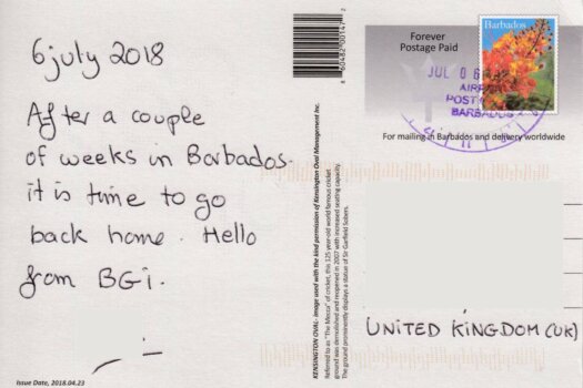 Barbados Stamps Pre Paid Postcard - Kensington Oval - used on 6th July (cancel)