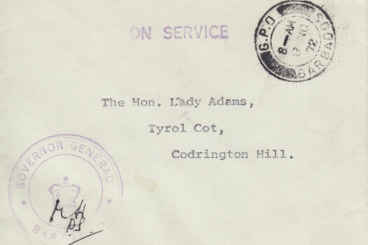 Barbados 'On Service' letter from Governor General Barbados to The Hon Lady Adams, Codrington Hill, Barbados