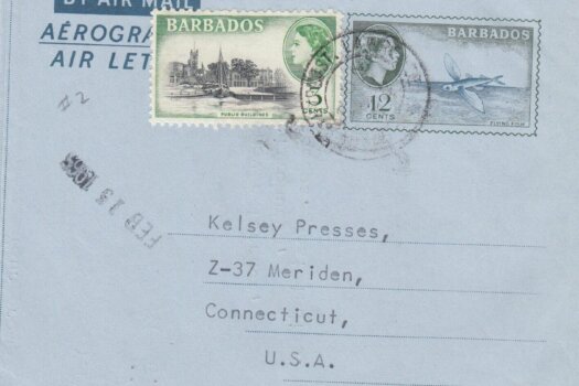 Barbados 12c Flying Fish Airmail Aerogramme to Connecticut USA, February 1965, uprated with 3c Public Buildings stamp SG291