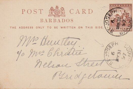 Barbados 1/2d pre paid postcard from St Jospeh to Bridgetown May 1891 with St Joseph '6' parish cancel