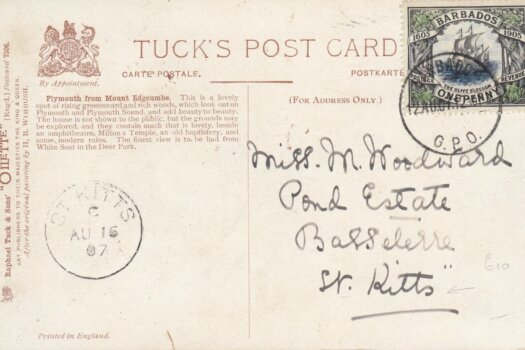 Barbados Olive Blossom stamp on Tucks Postcard to St Kitts August 1907