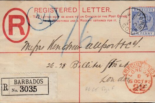 Barbados 1892 Registered envelope to London with QV 2 1/2d Keyplate stamp SG94 and London receiving mark