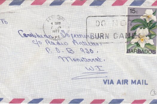 Barbados Slogan Cancel "Do Not Burn Canes" on June 1977 cover with 15c 'Paphiopedilium Puddle' stamp