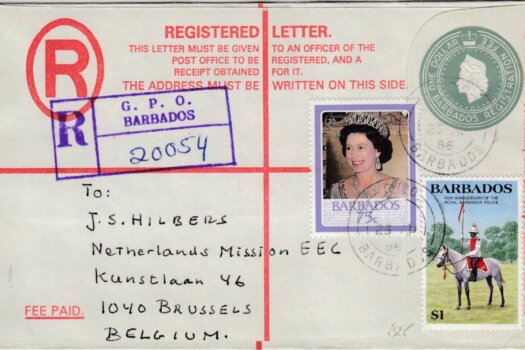 Barbados Registered letter to Belgium 1985