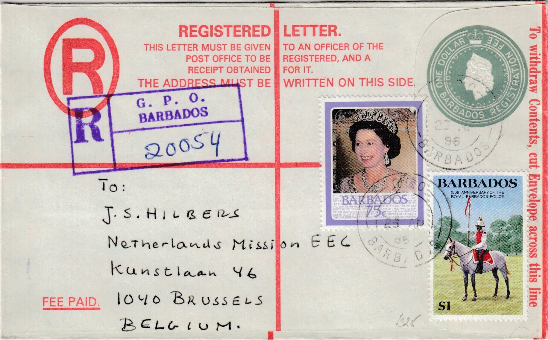 Barbados Registered letter to Belgium 1985