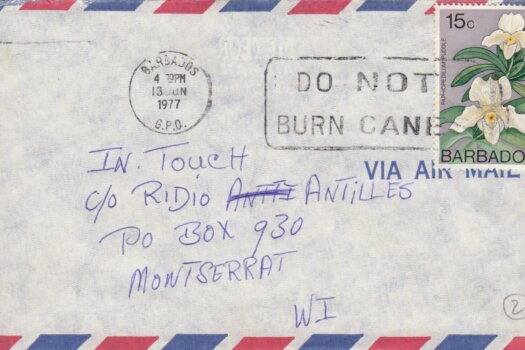 Barbados Slogan Cancel "Do Not Burn Canes" on 1977 cover with 15c 'Paphiopedilium Puddle' stamp