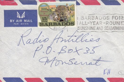 Barbados Slogan Cancel "Barbados for All-Year-Round Sunshine and Sunbathing" on 1974 cover with 15c Pottery in Barbados stamp