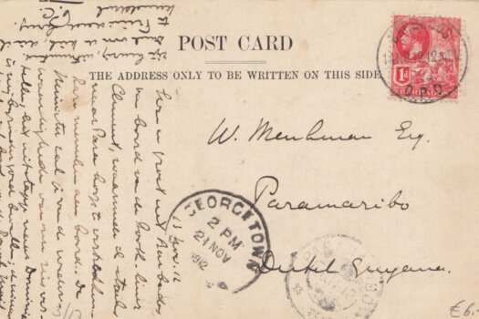 Barbados Post Card to Dutch Guyana November 1912