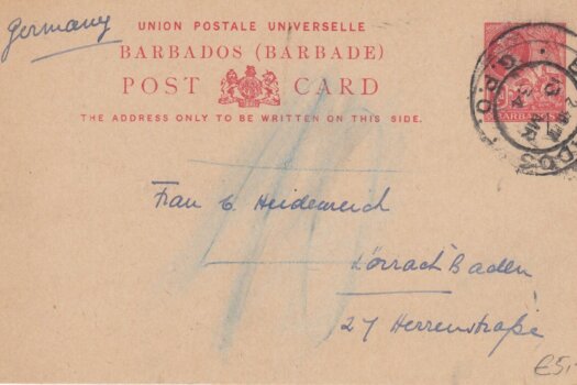 Barbados George V 1d pre paid Post Card to Germany 1934