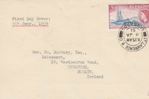 Barbados FDC 4th Jan 1954 with St Lawrence B.O cancel on 5c Harbour Police Stamp SG293