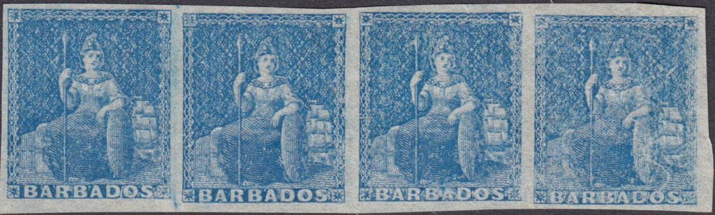 Barbados SG3 Britannia strip of four mint stamps