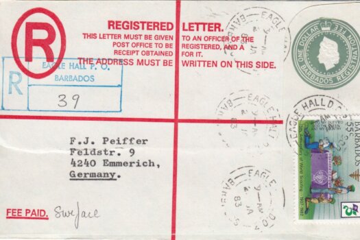 Barbados Registered letter to Germany 1983 - $1 Registered uprated with 55c stamp. Eagle Hall postmark