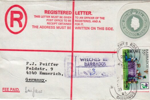 Barbados Registered letter to Germany 1983 - $1 Registered uprated with 55c stamp. Welches Road Postmark